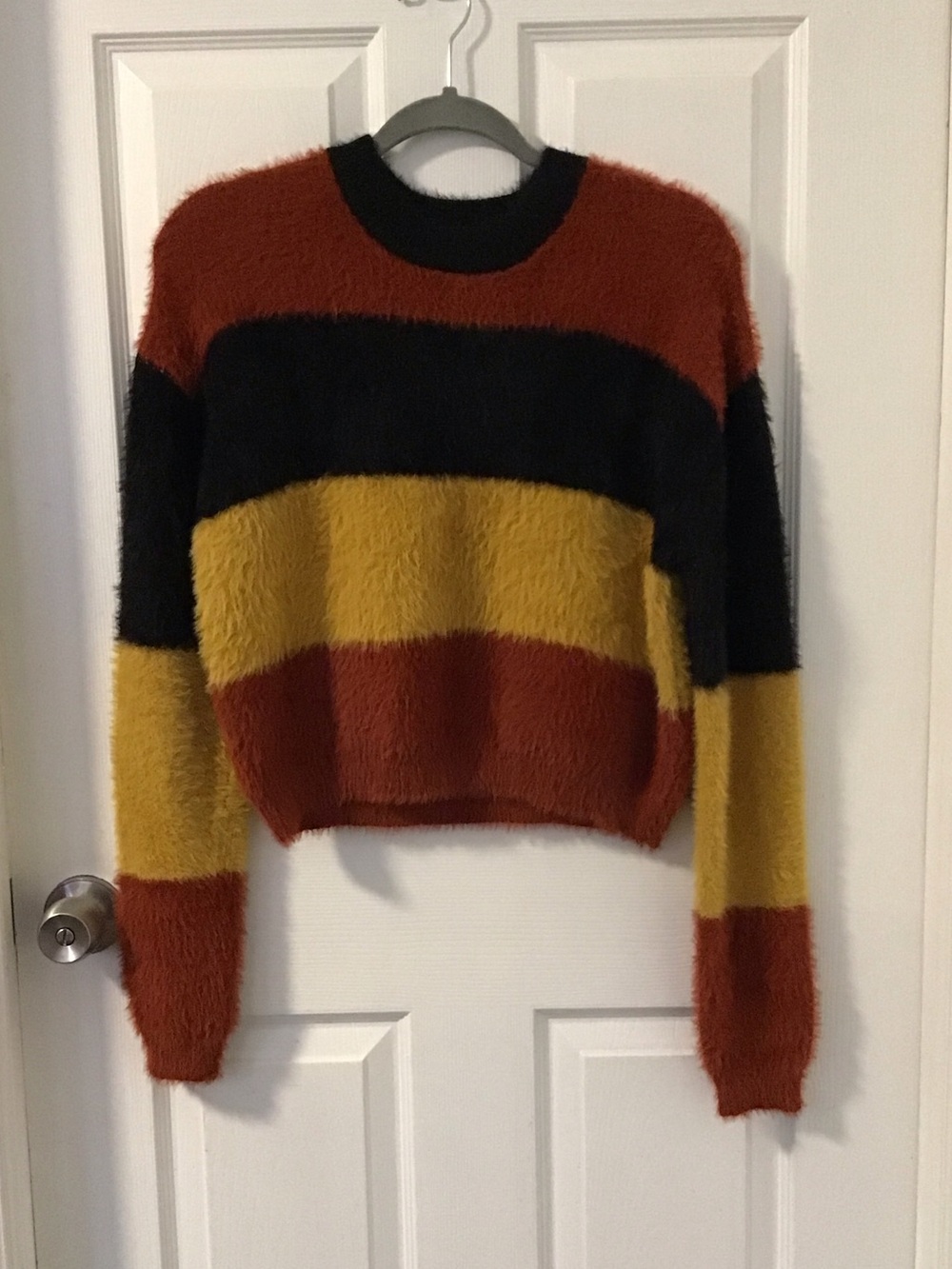 Cotton Emporium Fuzzy Stripe Crewneck in Rust, Black & Mustard